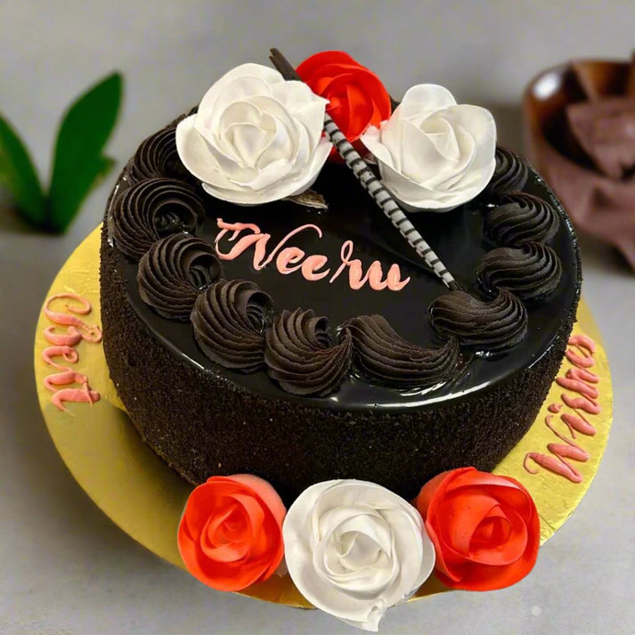 Chocolate Truffle Cake With Roses N Sunflowers